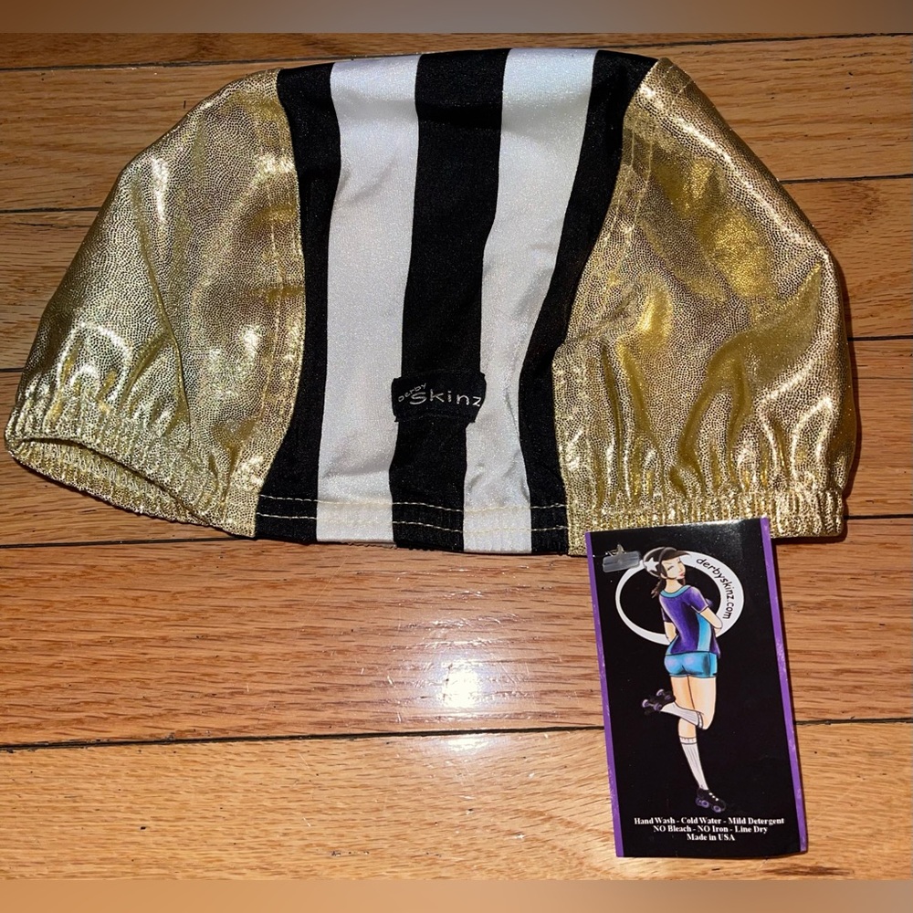 NWT Derby Skins Gold Black White Ref Helmet Panties Cap Hat Beanie